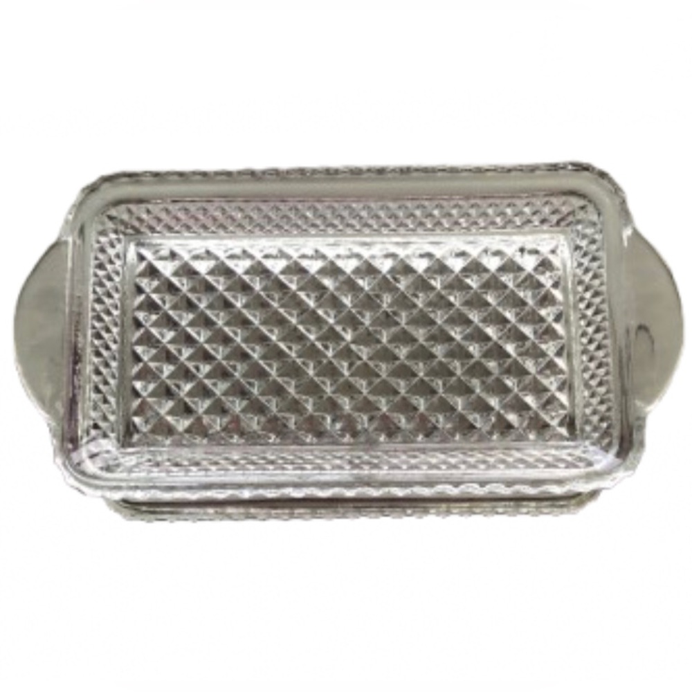 CLEAR CUT GLASS RECTANGLE SERVING DISH •DIAMOND PATTERN • HANDLES • 10” x 5”